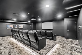 large screening room with leather chairs and a projector screen